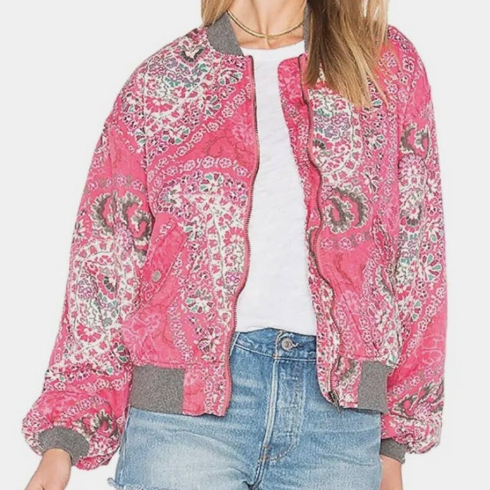 Free People Daytrip Bomber Jacket Womens Small Pink Paisley Full Zip Casual